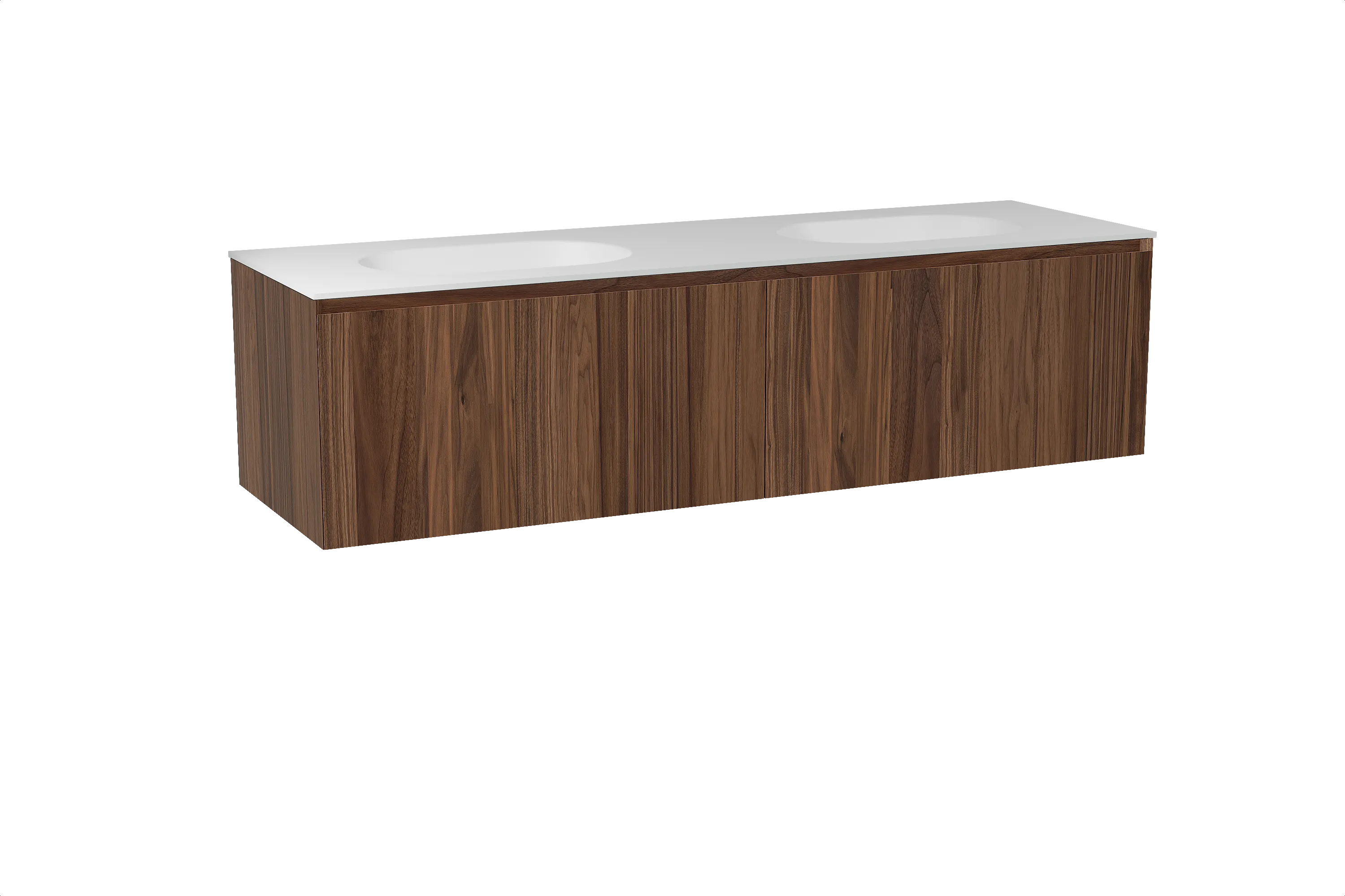 Balmani Idra meuble salle de bains suspendu 180 x 55 cm noyer avec Tablo Oval double vasque en solid surface blanc mat
