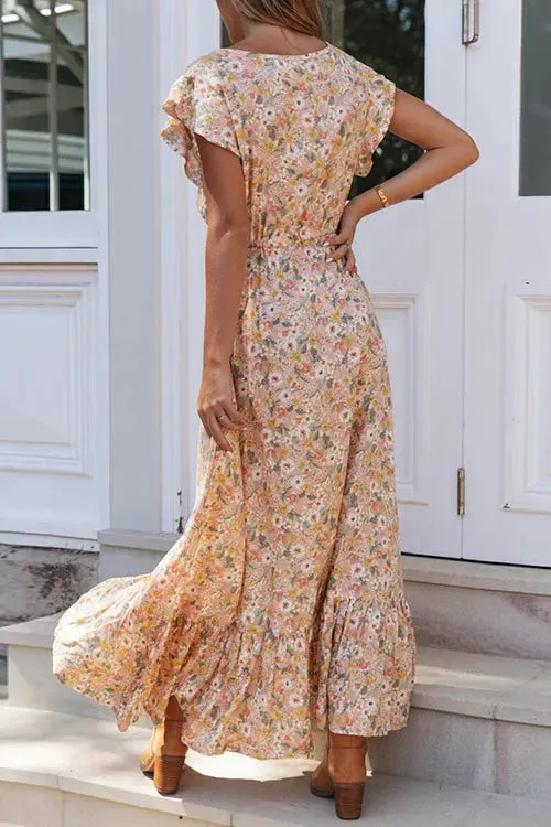 BelleRue - Maxi-robe avec volants de boutons et cordon de serrage fleuri