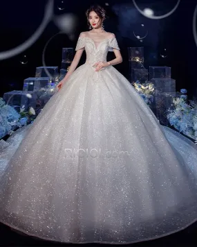 Boule Décolleté Dos Nu Luxe Brillante Robe De Mariée Blanche Sequin Glitter