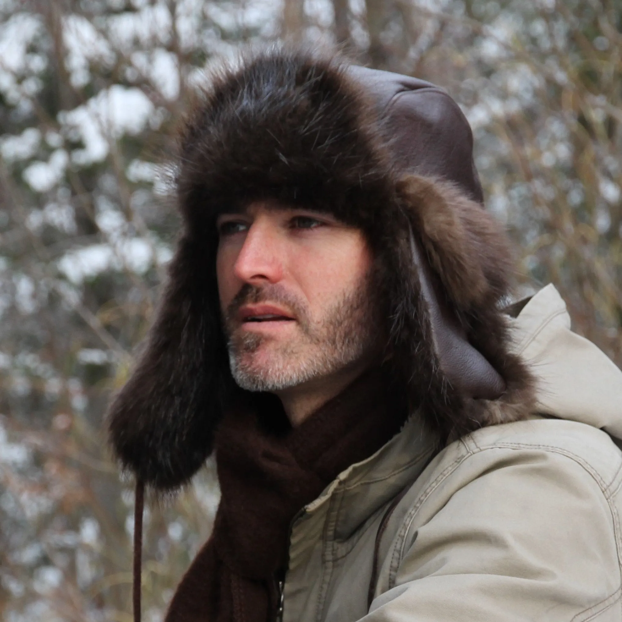 Chapeau Trappeur fourrure castor, cuir brun
