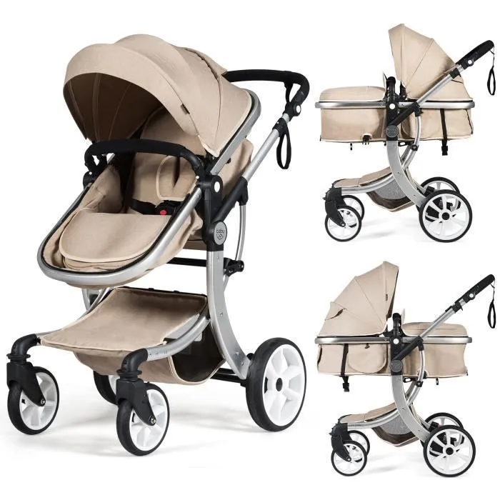 COSTWAY Poussette Bébé 0-3 Ans 2 en 1 Pliable-Putter Double Sens-Dossier,Auvent,Poignée Inclinable-Housse de Pluie-Sac à Dos-Bei