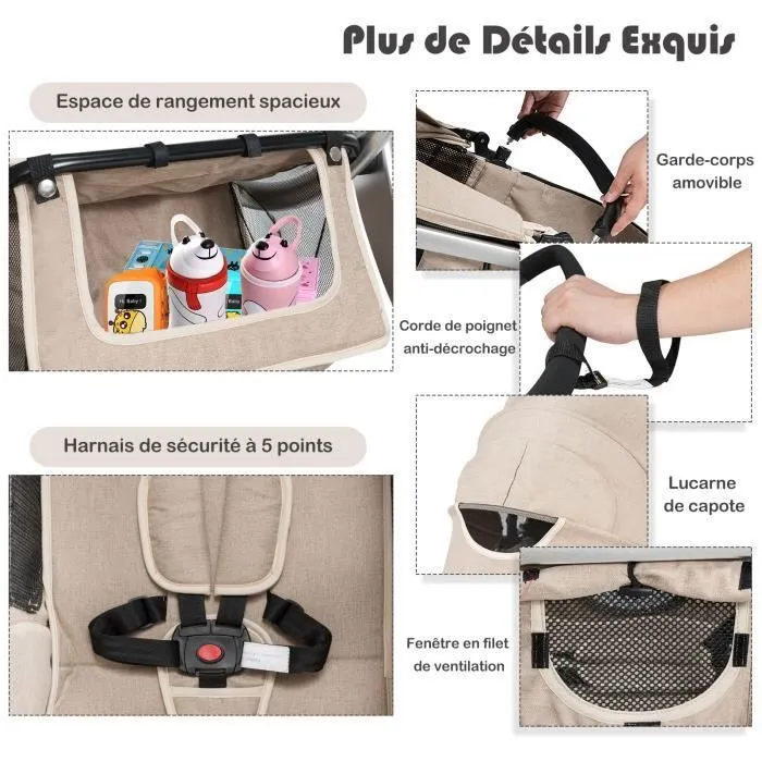 COSTWAY Poussette Bébé 0-3 Ans 2 en 1 Pliable-Putter Double Sens-Dossier,Auvent,Poignée Inclinable-Housse de Pluie-Sac à Dos-Bei