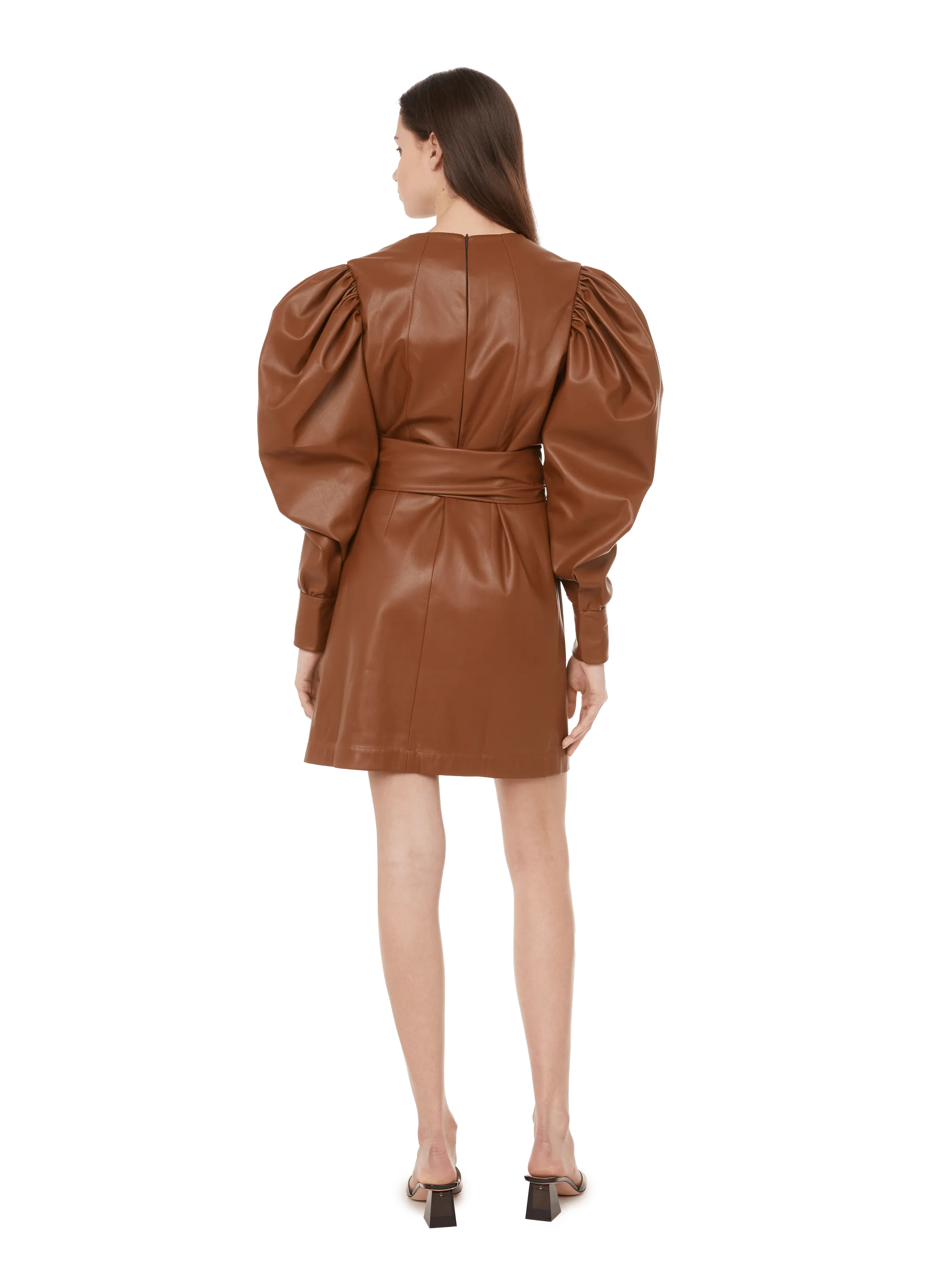 LIYA  Robe courte à manches bouffantes en cuir vegan - Marron