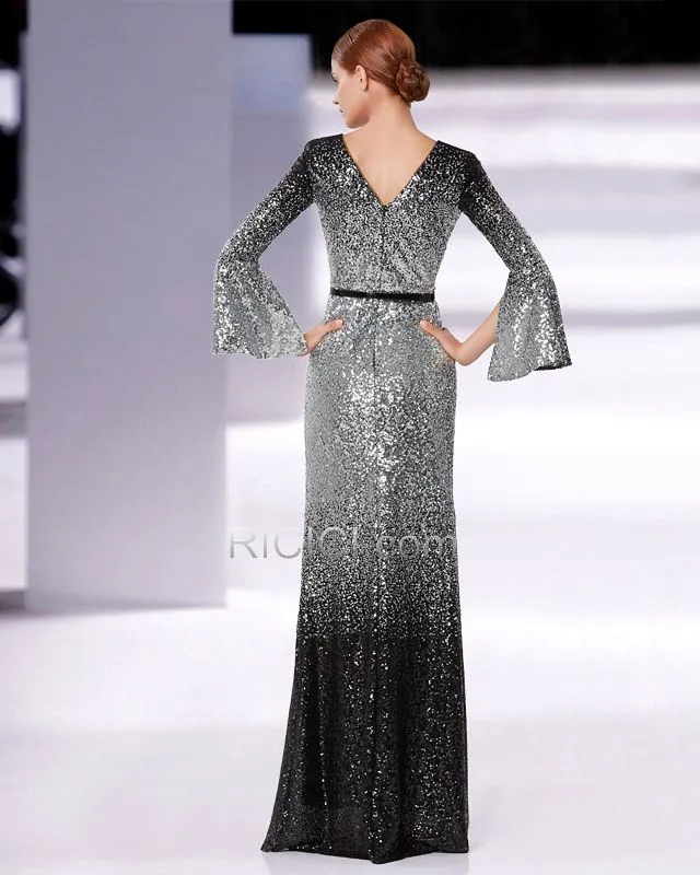 Manche Longue Princesse Longue Dos Nu Sequin Dégradée  Robe Habillée