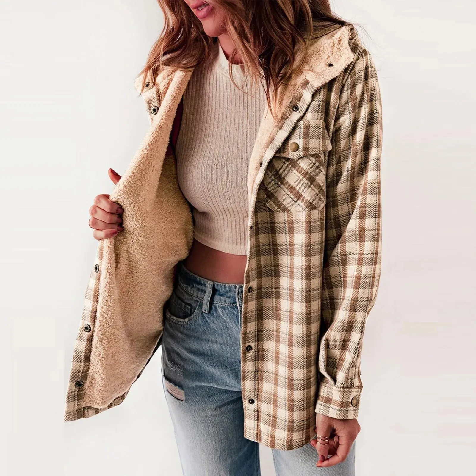 NaturaChic - Chemise en sherpa à carreaux beige pour femmes, confortable et tendance
