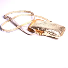 Pochette Cuir doré téléphone petit sac porte papier Trousse Bandoulière made in France.