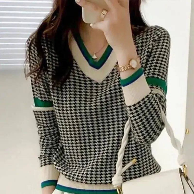 Pull pied-de-poule à col en V pour femme