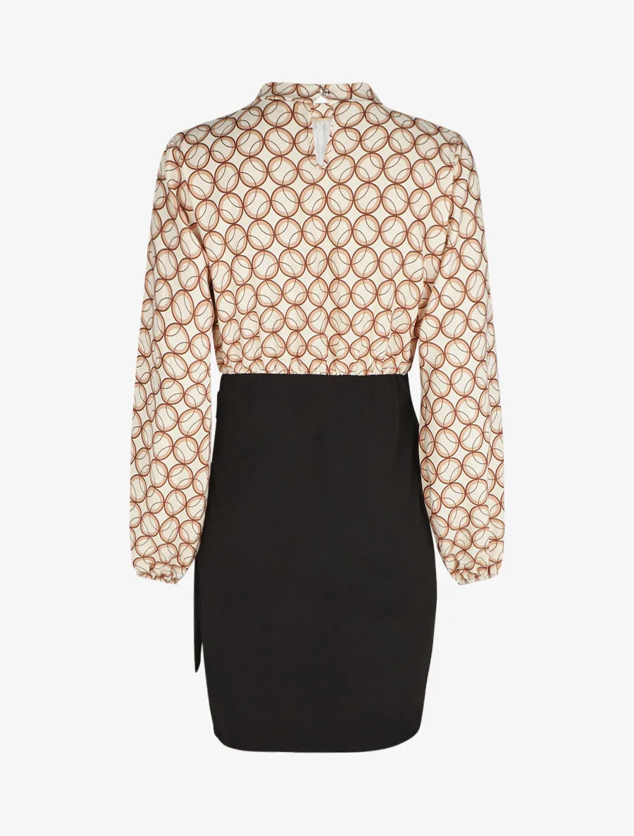 Robe courte ajustée à noeud et imprimé graphique - Beige