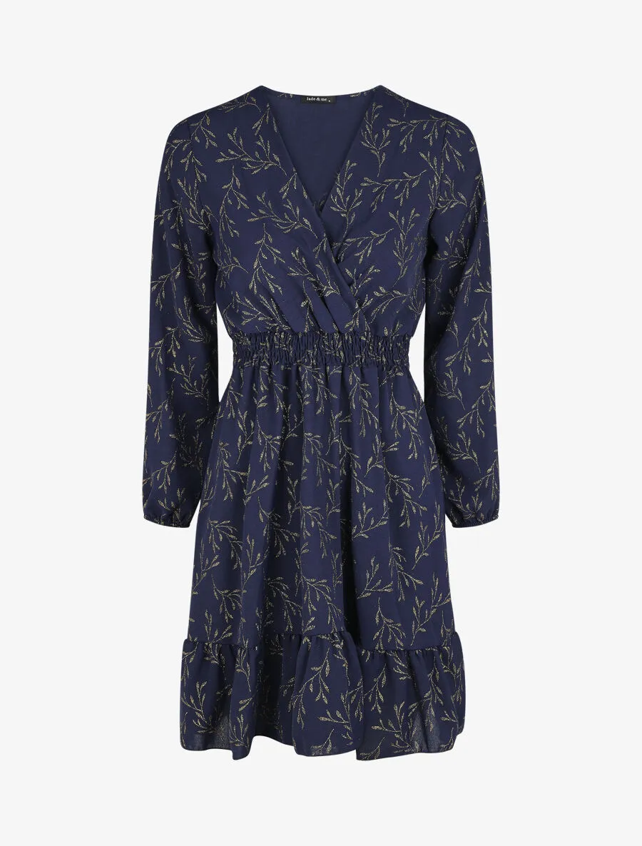 Robe évasée motif feuilles pailletées - Marine