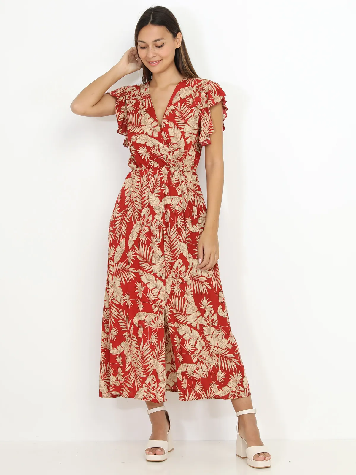 Robe longue à imprimé feuilles dorées- Rouge