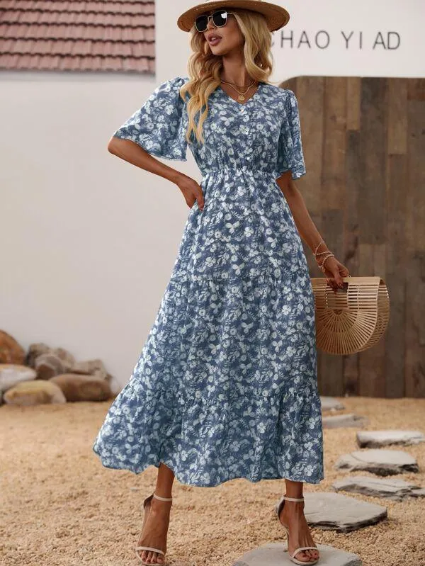 SHEIN VCAY Robe à imprimé floral manches papillon à volants