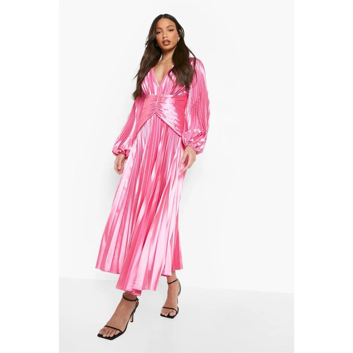 Tall – Robe longue plissée satinée – Rose fuchsia