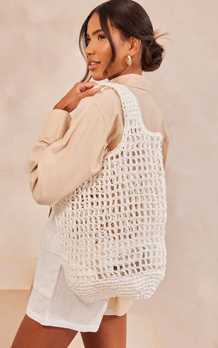 Tote bag large en raphia blanc